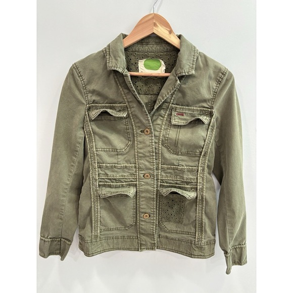 By Anthropologie Olive Green Military Jacket Women's XS Boho Button Front - Picture 4 of 10